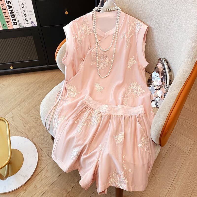 New Chinese-style Women's Suit Summer High-end Tencel National-style Pink Sleeveless Shirt and Shorts Two-piece Set