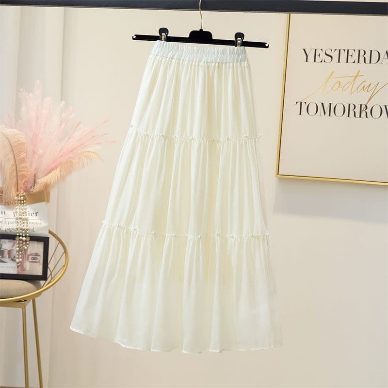 2026 Spring/Summer New Rhinestone Pleated Skirt for Women High-Waist Mid-Length Slimming Flowing Tulle Skirt
