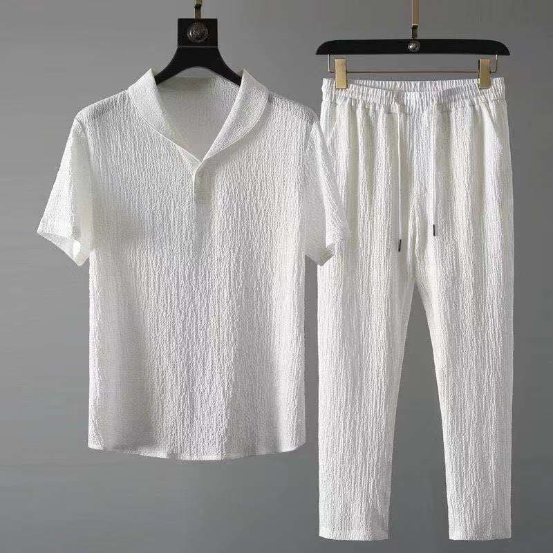 Casual Suit Men 2025 New Summer Thin Sport Suit Men Fashion Short Sleeve T-Shirt Long Pants Trendy Light Luxury Two-Piece Set