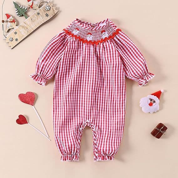 Baby Girl Christmas Santa Plaid Romper Long-Sleeve Bubble Jumpsuit for Sale