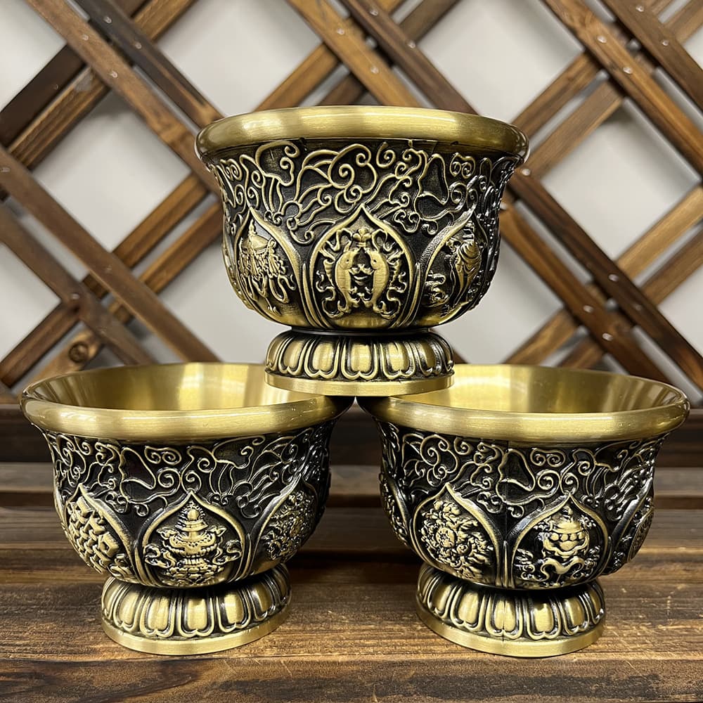 Pure Copper Water Offering Cup, Seven Offering Cups, Buddha Cup, Eight Auspicious Symbols Pure Water Cup, Offering Bowl, Wealth God Guanyin Buddhist Altar Home Ornament