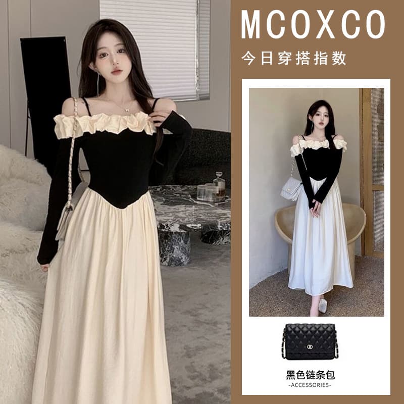 Strapless Color-Block Sleeveless Dress for Women, Autumn New Arrival, French Elegant Slim Fit High-Waist Long Dress