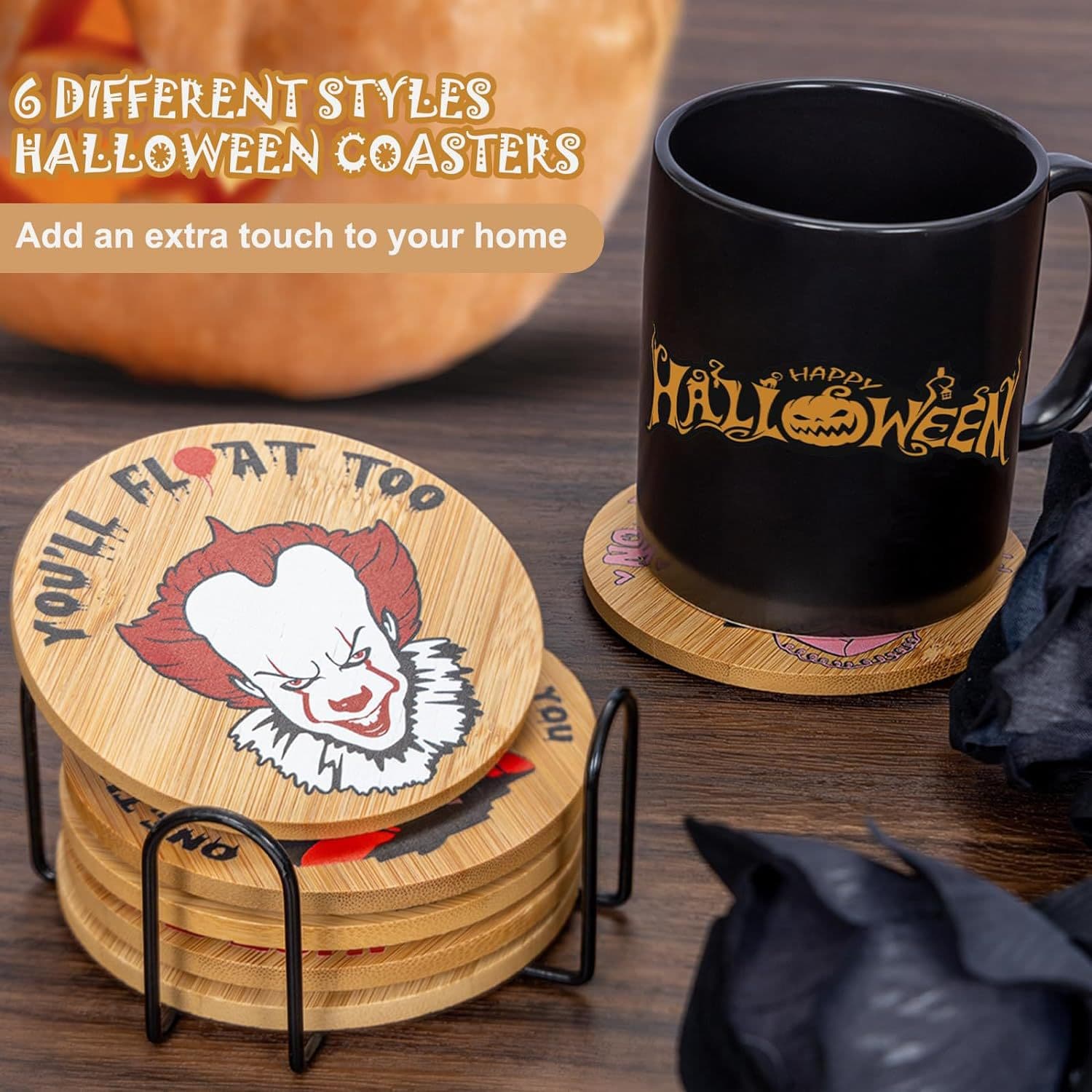 Cross-border New 6-Piece Horror Movie Character Ghost Coaster Party Decoration Halloween Round Wooden Coaster