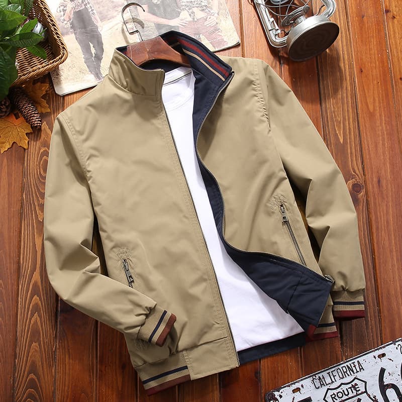Double-Sided Men's Casual Stand Collar Jacket Fashionable Autumn Winter Polyester Fiber Long Sleeve Outerwear Polyester Fiber