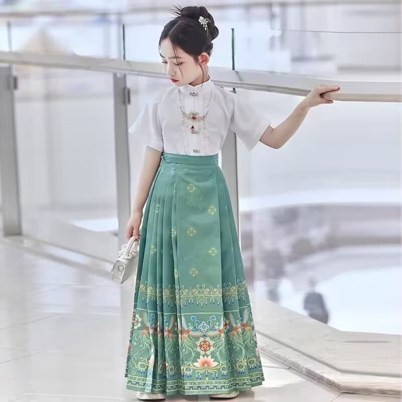 Kids Horse Face Skirt Girls Hanfu Summer Ancient Chinese Style Tang Suit Baby Little Girl Half Skirt Set Daily Wear