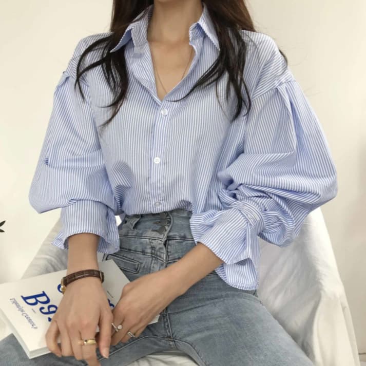 Korean New French Style Spring Design Striped Loose Shirt for Women Simple Long Sleeve Top Trendy