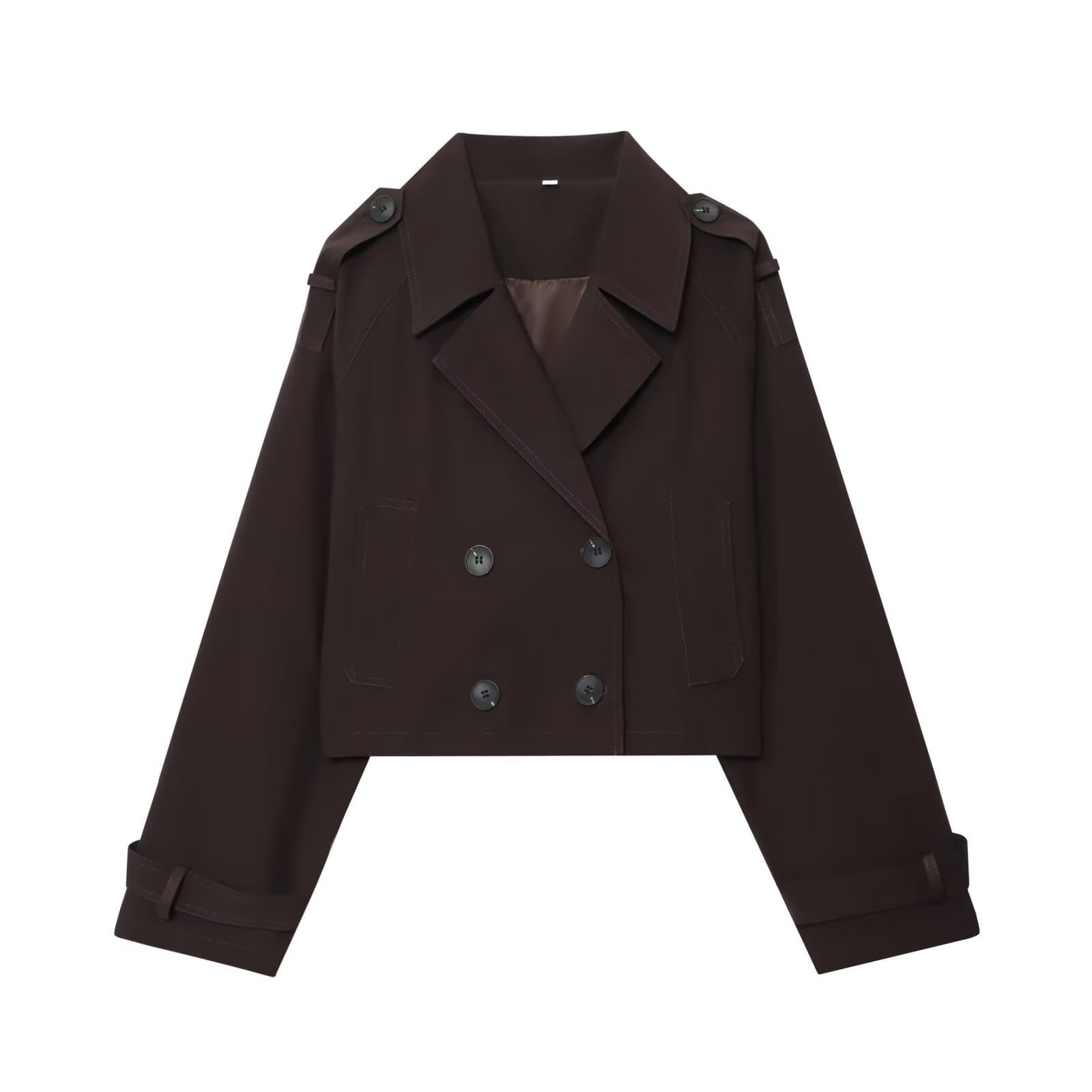 Cross-Border Wholesale Autumn and Winter New Women's American Fashion Coffee Color Short Double-Breasted Jacket High-End Petite Windbreaker