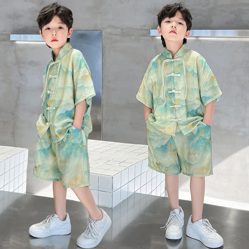 Boys' set summer Hanfu 2025 children's casual medium-large kids Yuanshandai frog closure national style two-piece set Tang suit