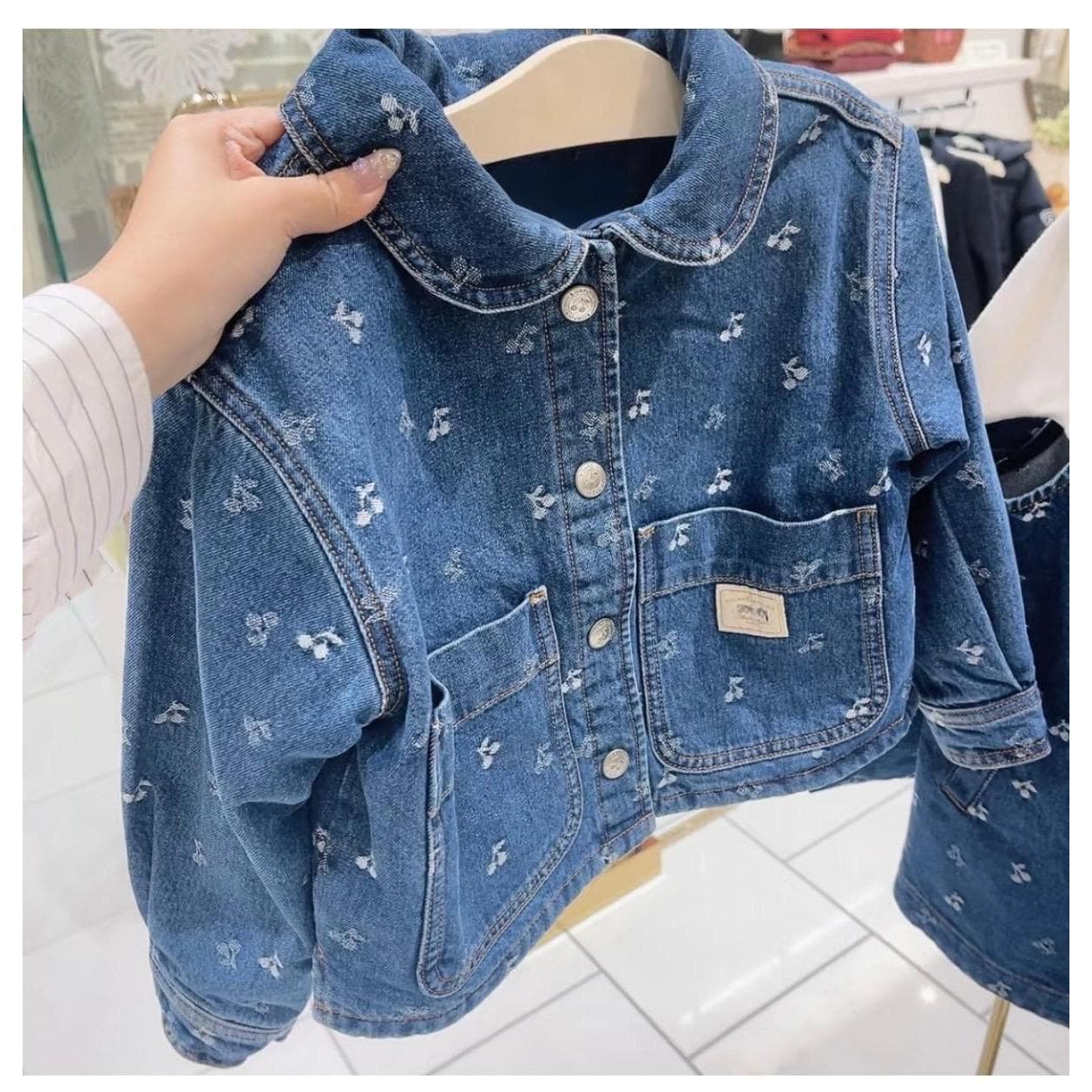 2025 Spring/Autumn New Arrival 110-160 Children's Cherry Jacquard Denim Jacket, Boys' and Girls' 100% Cotton Top for Toddlers
