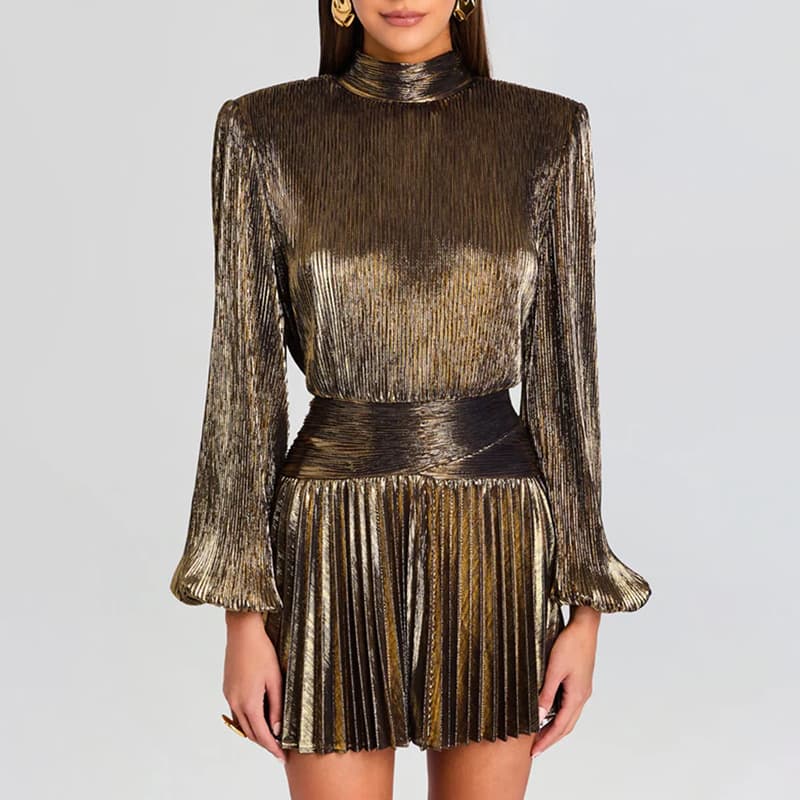 Luxurious and high-end banquet dress 2026 new high-neck long-sleeved design cross pleated waist dress