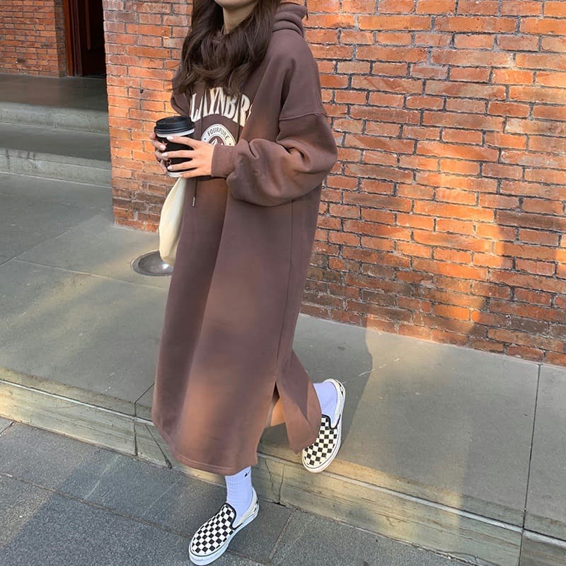 Autumn and Winter 2025 Korean Style Velvet Thickeneded Knee-Length Hooded Sweatshirt Loose Fat Plus Size Women's Printed Jacket
