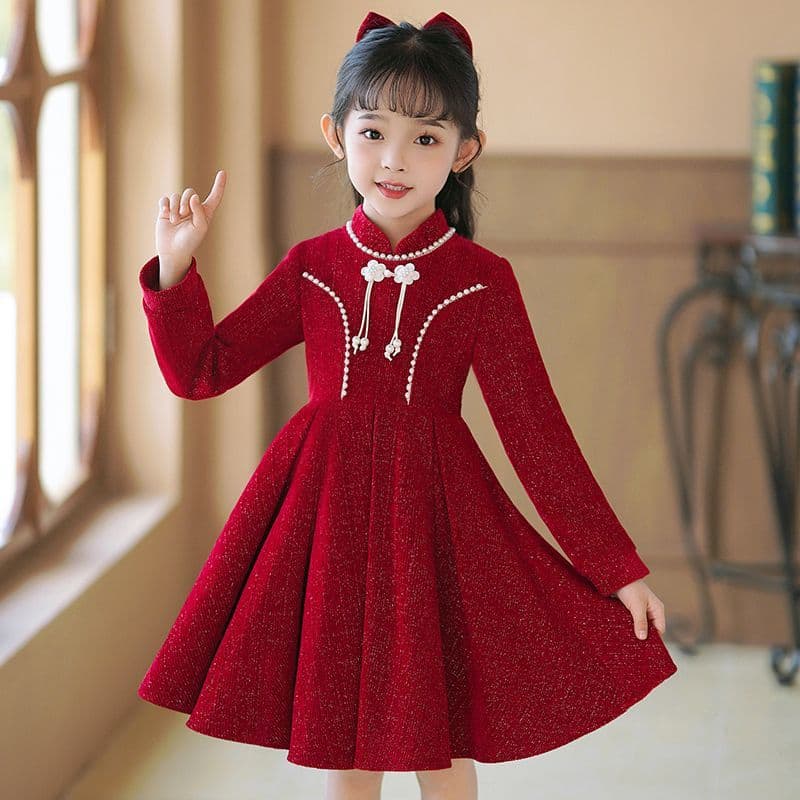 Girls Dress Autumn Winter 2025 New Little Girl Red Dress Princess Dress Winter Children Long Sleeve Dress