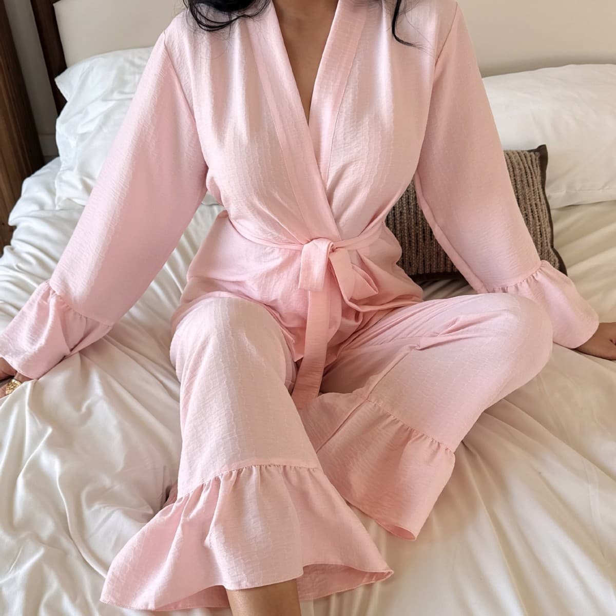 Cross-border Pajama Set for Women Spring Summer Cloud Cotton Premium Solid Color Robe and Pants Two-Piece Loungewear Seersucker