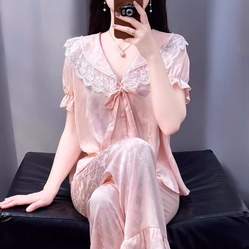 2025 Summer New Korean Style Ice Silk Pajamas Women Jacquard Pajamas Thin Cardigan Sweet Homewear