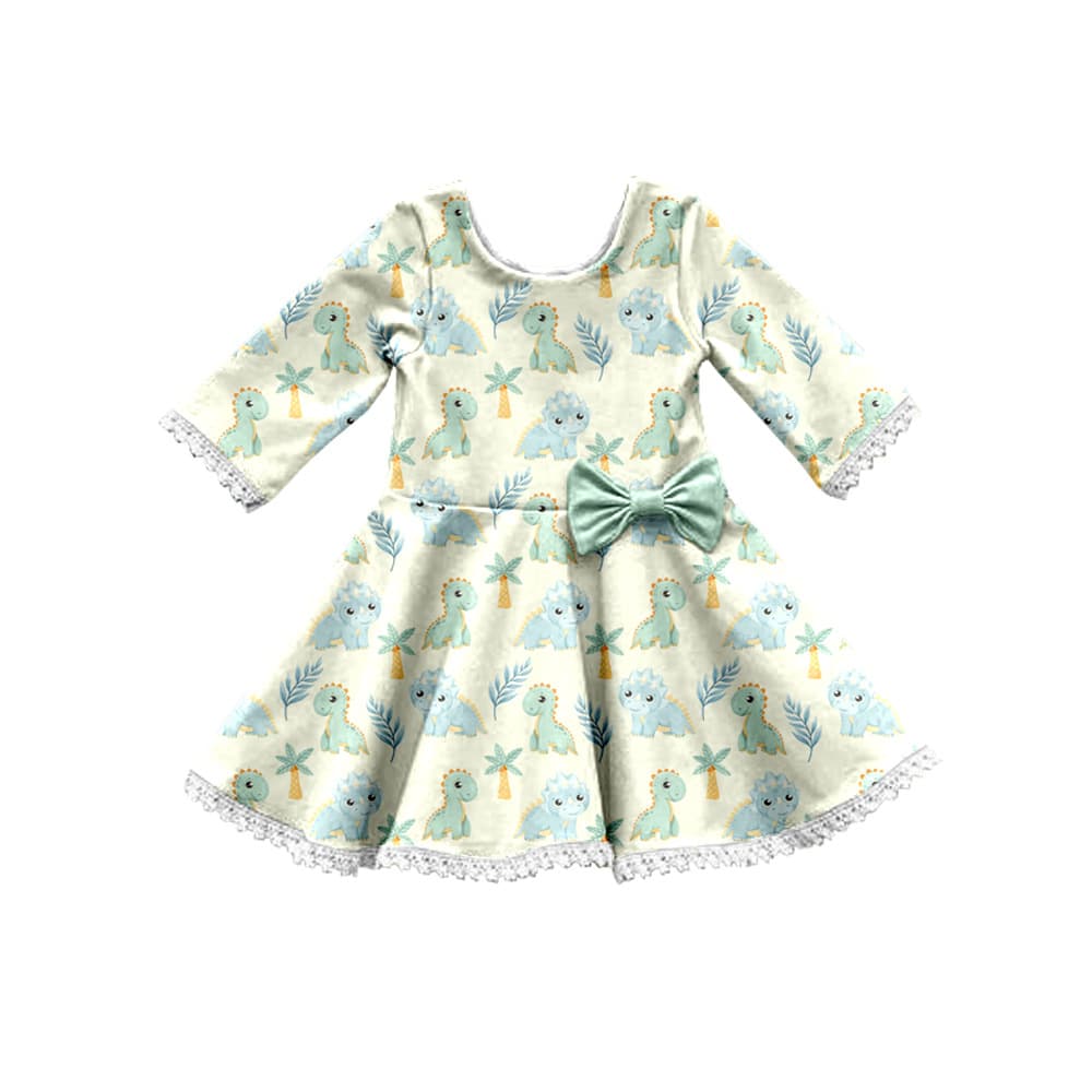 Cross-border wholesale custom autumn girls' printed dress with long sleeves, round neck, and bow