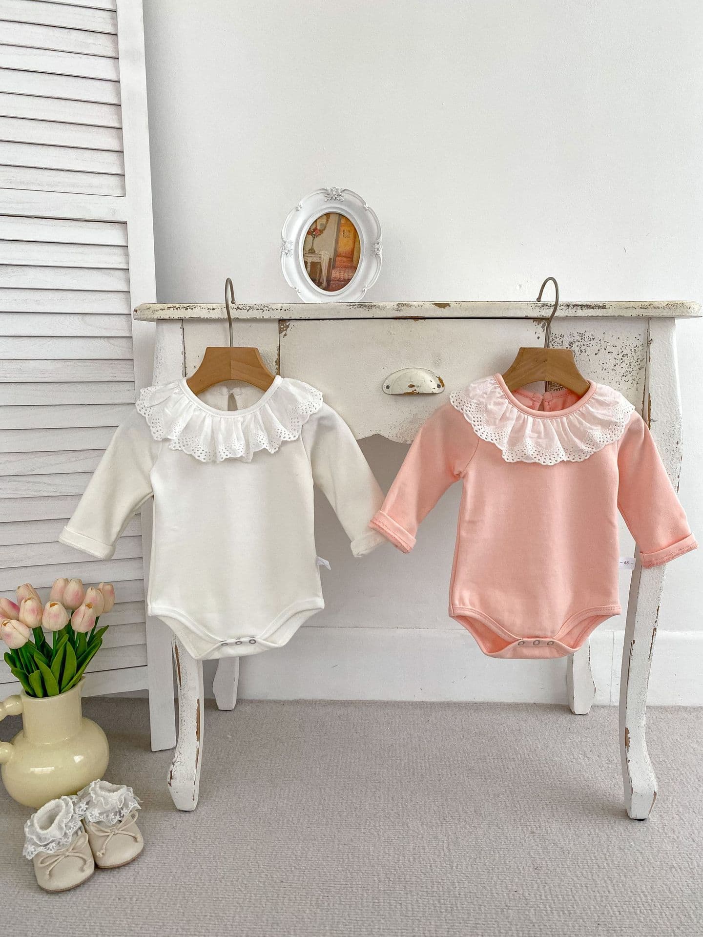 2024 Spring/Fall Newborn Baby Romper Solid Color Long-Sleeve Bodysuit with Lace Collar for Girls, Crawling Outfit