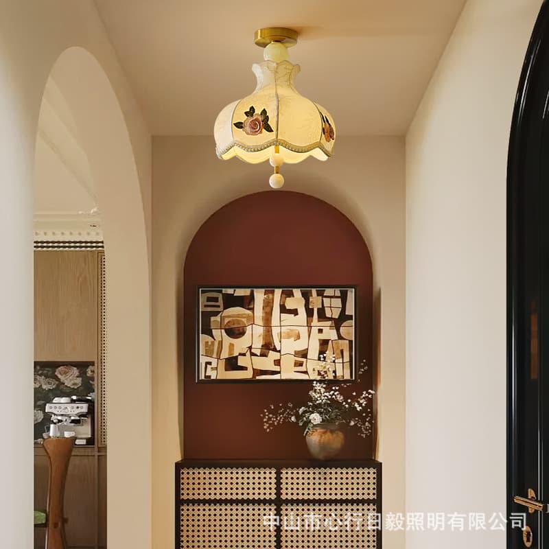 Vintage Jade Dining Room Pendant Light Retro Ceiling Light Embroidered Rose Flower Adjustable Fabric Dining Table Eye-Care Pendant Lamp
