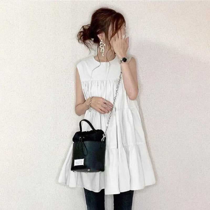 3-Color Japanese Style 2026 Summer New Sleeveless Simple Comfortable Layered Short Cotton Dress