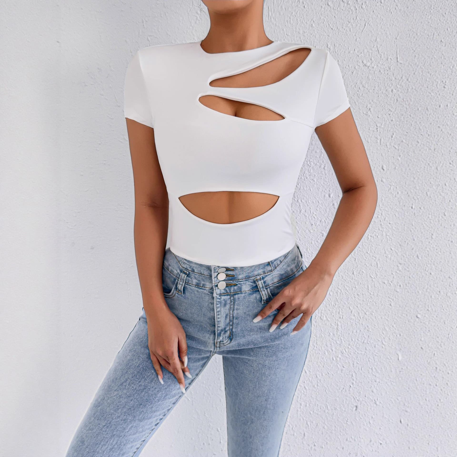 European and American Style Hollow Round Neck Tight Short Sleeve T-Shirt Base Shirt Women's Inner Layer High Waist Short Crop Top Ins Summer