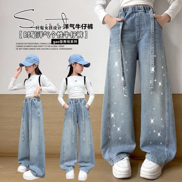 Sparkling rhinestone-embellished girls' jeans, spring and autumn 2026 new style, fashionable wide-leg pants for medium and large children.