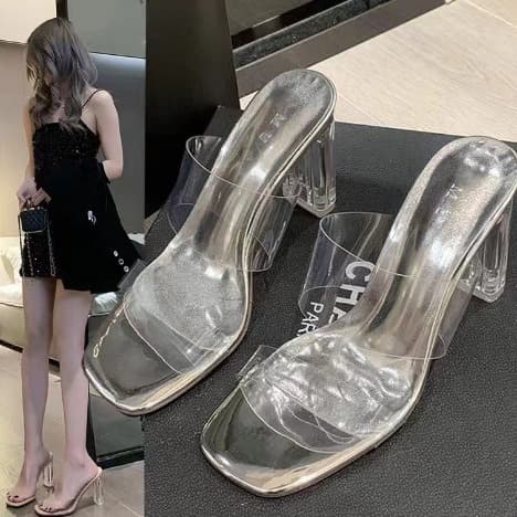 Summer Open-Toe Sandals with Chunky Heel, Transparent Strap, Crystal Heel, Slippers for Women