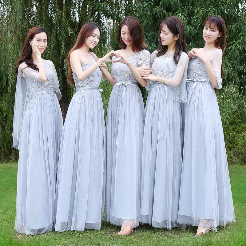 Nuanfenglai Long Bridesmaid Dress 2026 New Model Gray Sister Group Bridesmaid Gown Performance Dress with Mid-Sleeves for Annual Meeting