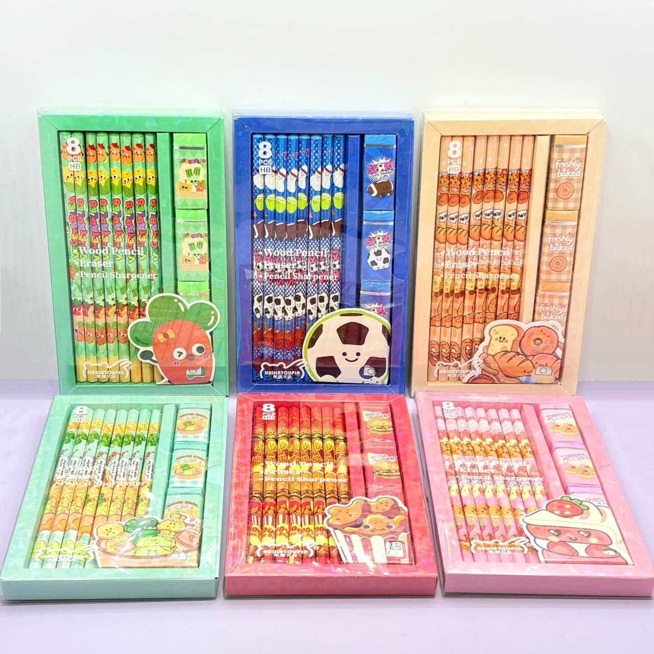 New cartoon eight-pack wooden pencil set cute cartoon pencil with eraser pencil sharpener set for primary school students