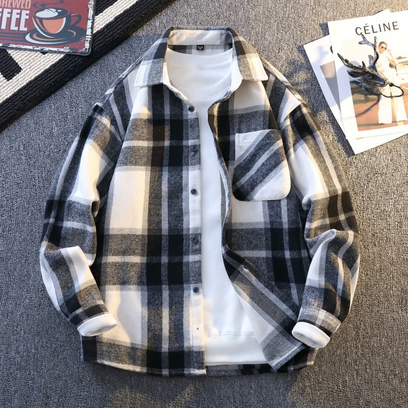 Striped Plaid Shirt for Men Spring Autumn Contrast Color Trendy Shirt Jacket Youth Loose Lapel Top