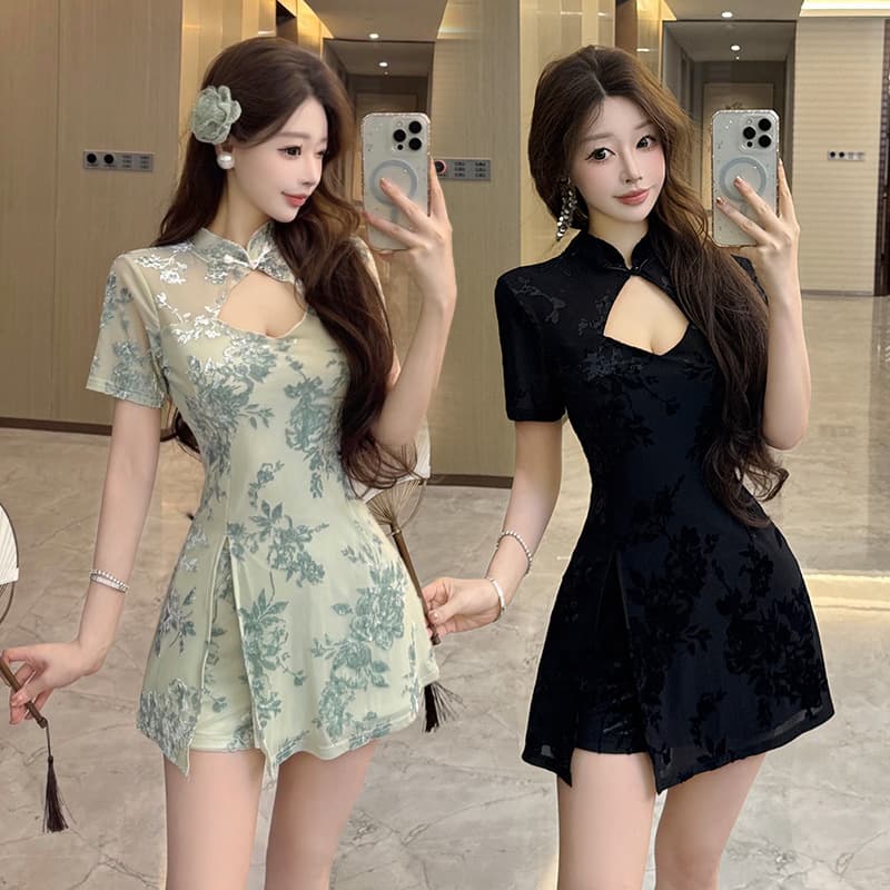 Modified cheongsam, Chinese style, slim fit, short dress for female anchors, suitable for on-camera appearance, summer set, foot bath and sauna technician.