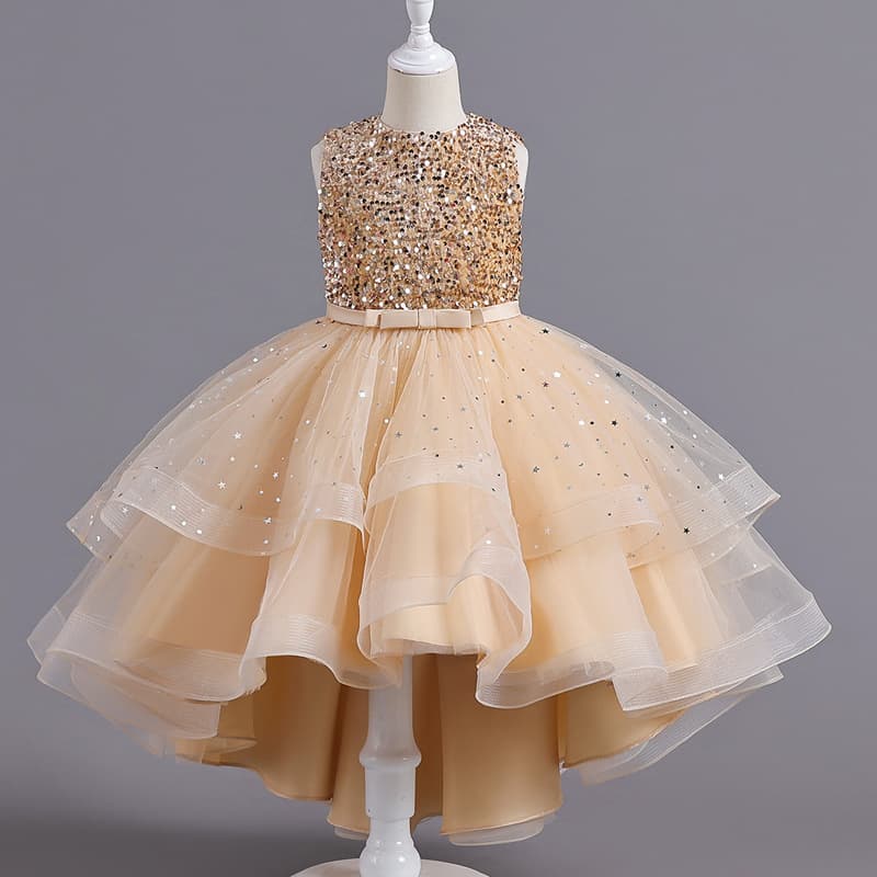 Girls Party Dress Children Princess Skirt Puffy Sequins Hem Dress Wedding Performance Costume Cross-Border Stock