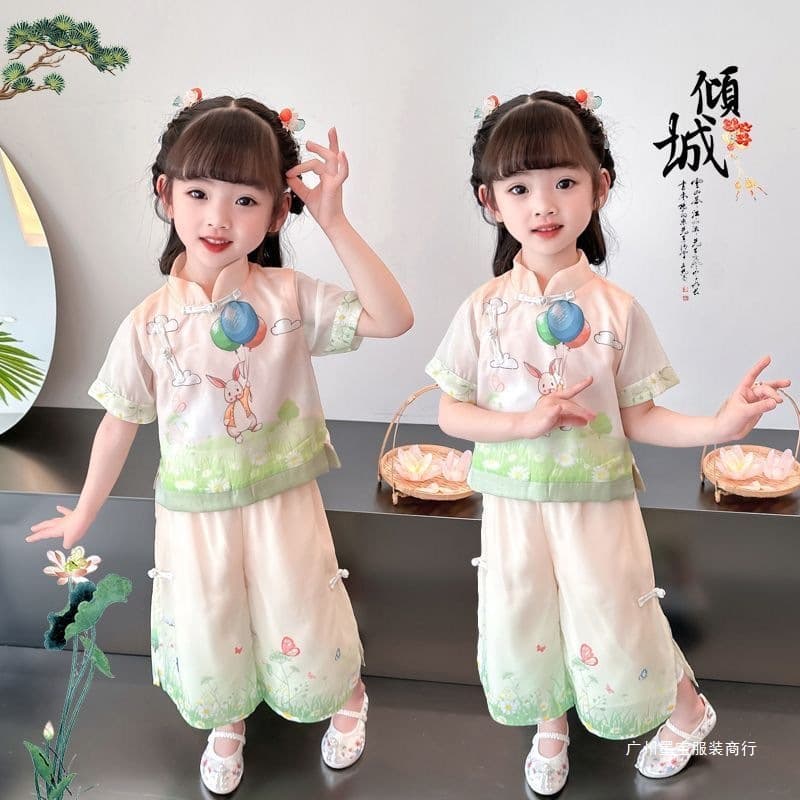 Girls' Hanfu Summer Set, Chinese Style Children's Clothing 2026 New, Tang Suit Baby Girl Fashionable Two-Piece Set