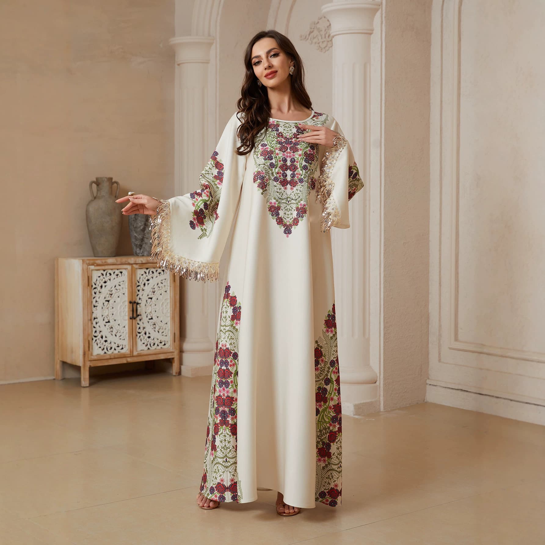 SW2614 Cross-Border Women's V-Neck Printed Fringe Maxi Dress