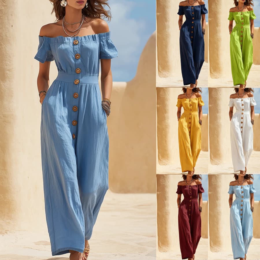 2026 European and American Women's Vacation Style Off-Shoulder Solid Color Button Ruffle Short Sleeve Waist-Tied Wide-Leg Jumpsuit