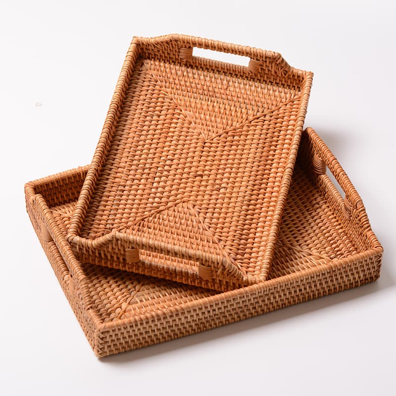 Wholesale Handwoven Rattan Tea Tray Rectangular Draining Tea Tray Dry Brewing Tray Japanese Style Water Cup Tea Set Tray