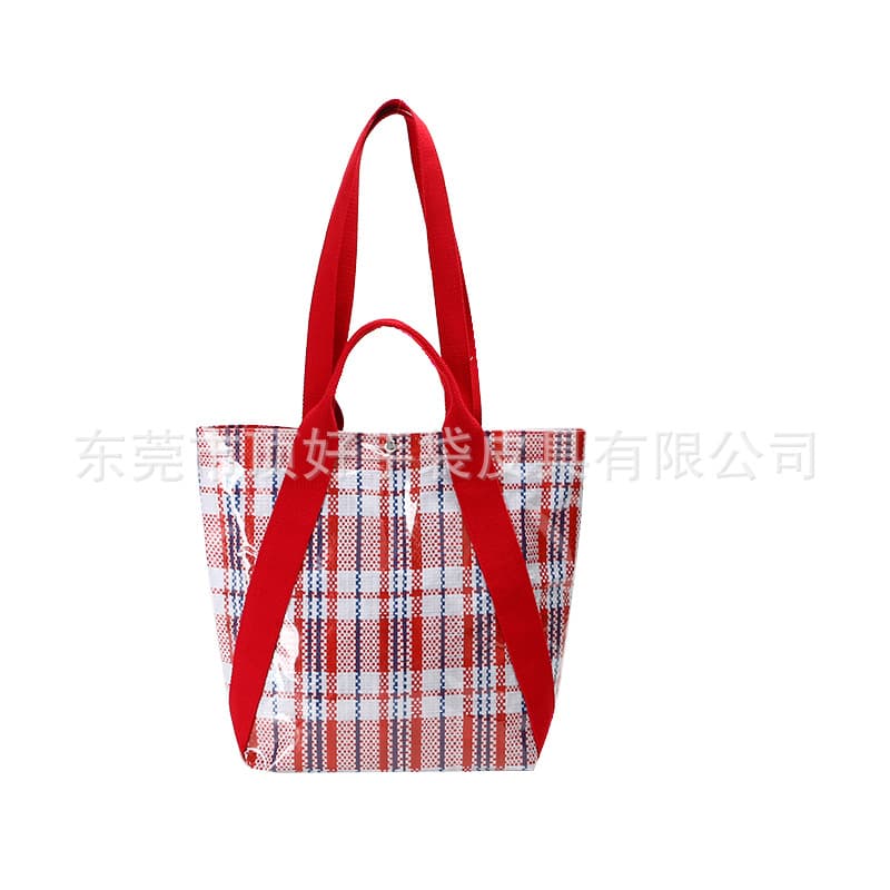 Trendy New PE Laminated Woven Material Handbag Shopping Bag - Stylish Red, White, and Blue Woven Shoulder Tote