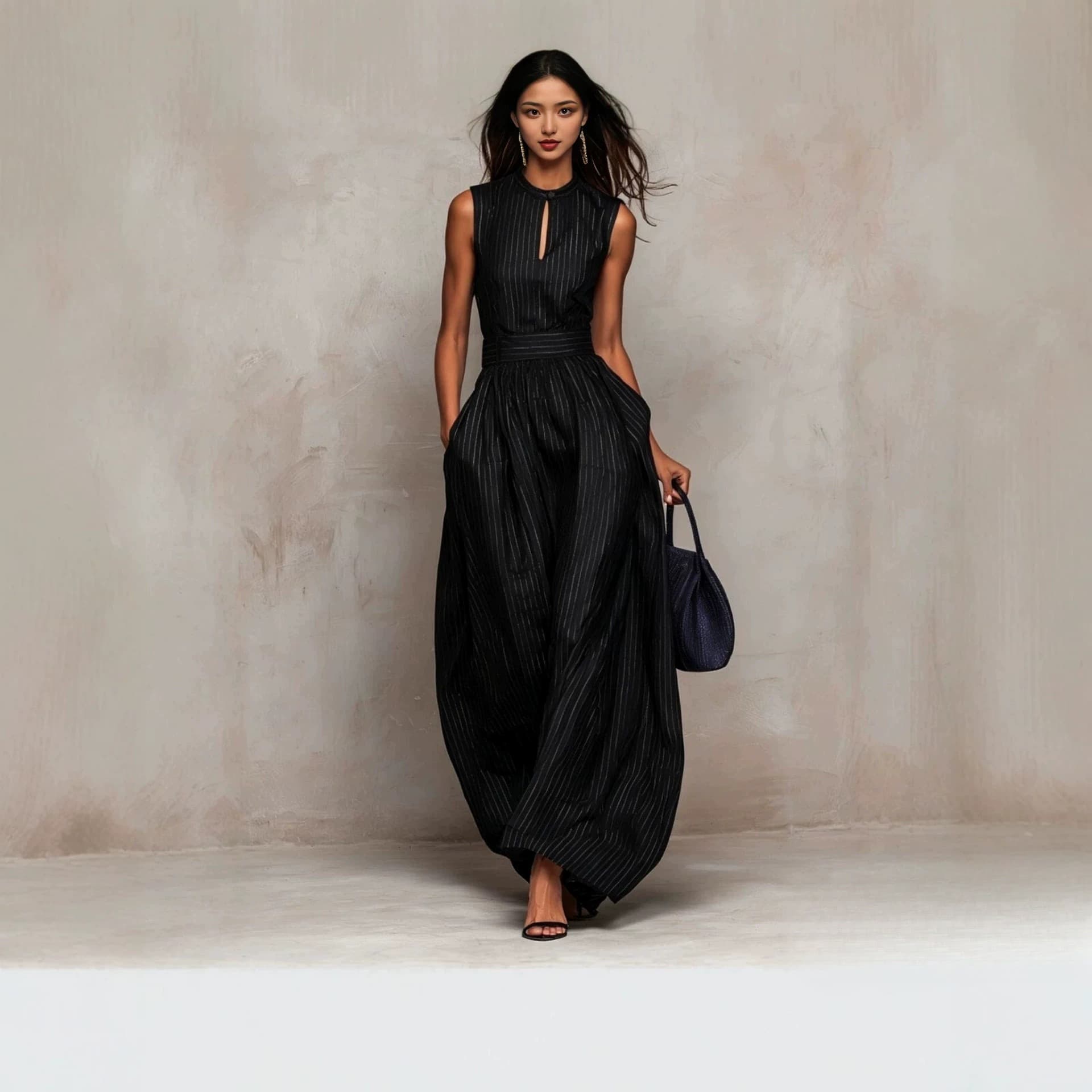 2026 New Dark Blue Striped Sleeveless Waist-Tied Wide-Leg Jumpsuit Women Long Elegant Fashion Cross-Border Women