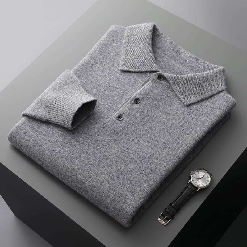 Autumn/Winter 100% Pure Wool Sweater Men's Turn-down Polo Collar Knit Top Solid Color Wool Sweater Plus Size