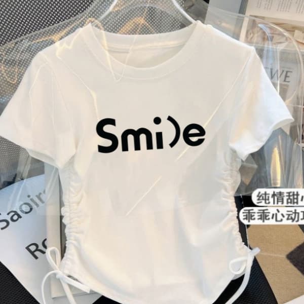 New Kids Girls Printed Ice Silk Fashionable Drawstring Short-Sleeve T-Shirt Top Slim Fit Blouse