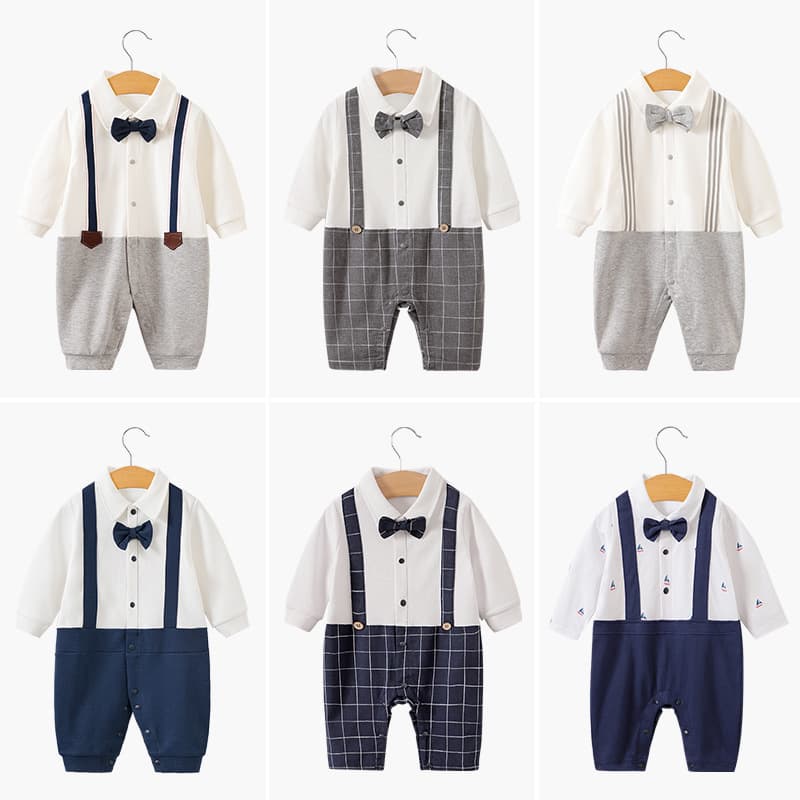 Newborn Fake Two Piece Romper British Style Infant Gentleman Clothes Spring Autumn Long Sleeve Baby Boy Strap Bodysuit