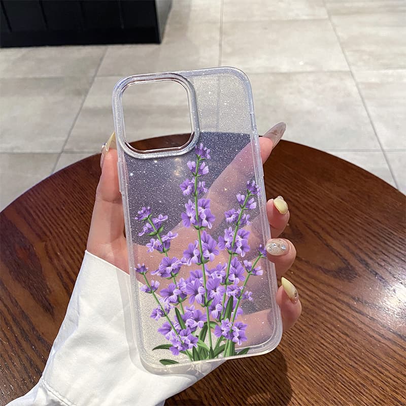 Summer New Ins Style Fresh Lavender Phone Case for Apple 13PM Transparent Glitter iPhone 16 Pro Shockproof