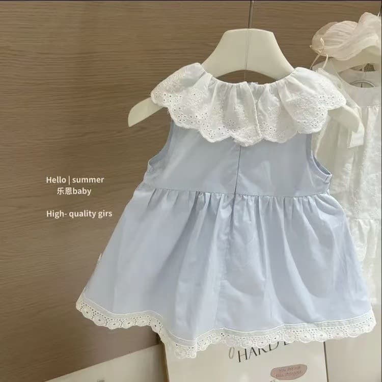 2025 Summer Girls Blue Lace Collar Baby Doll Dress, 100% Cotton Princess Sleeveless Vest Dress