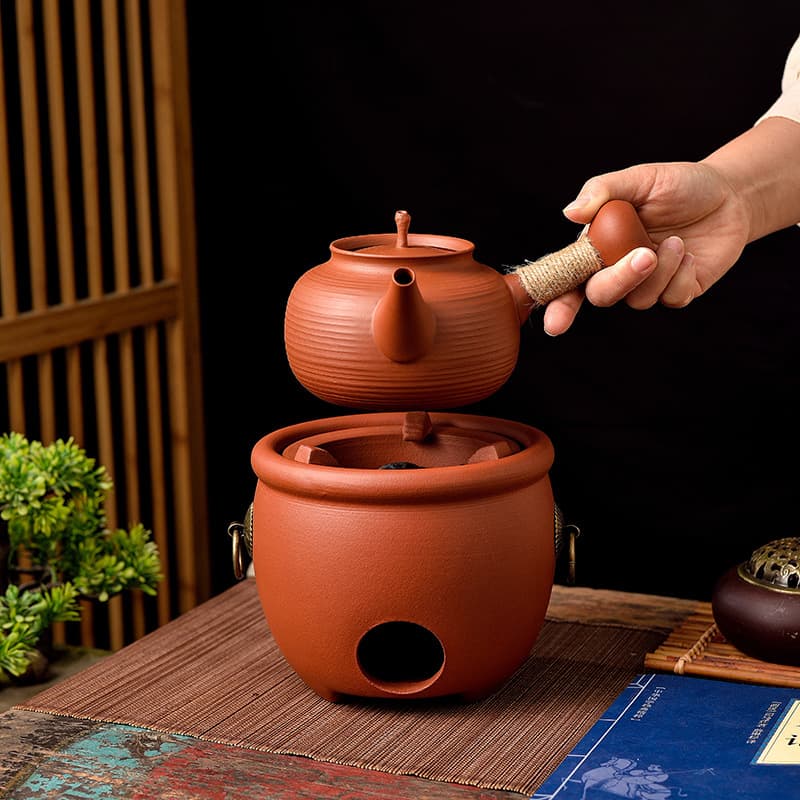 Chinese-style Heat-resistant Chaoshan Red Clay Charcoal Stove with Sand Boiler Kettle, Thin-walled Tea Brewing Coal Stove, Purple Sand Boiling Water Vermilion Pot with Jump Lid