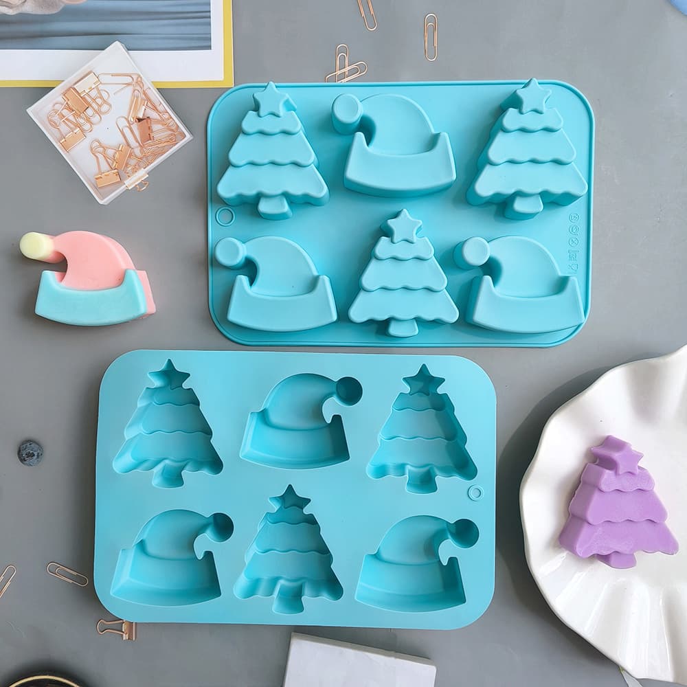6-Cavity Christmas Tree Hat 754 Cake Mold Silicone Baking Pan, 3D Santa Hat Shape Cookie Chocolate Mold