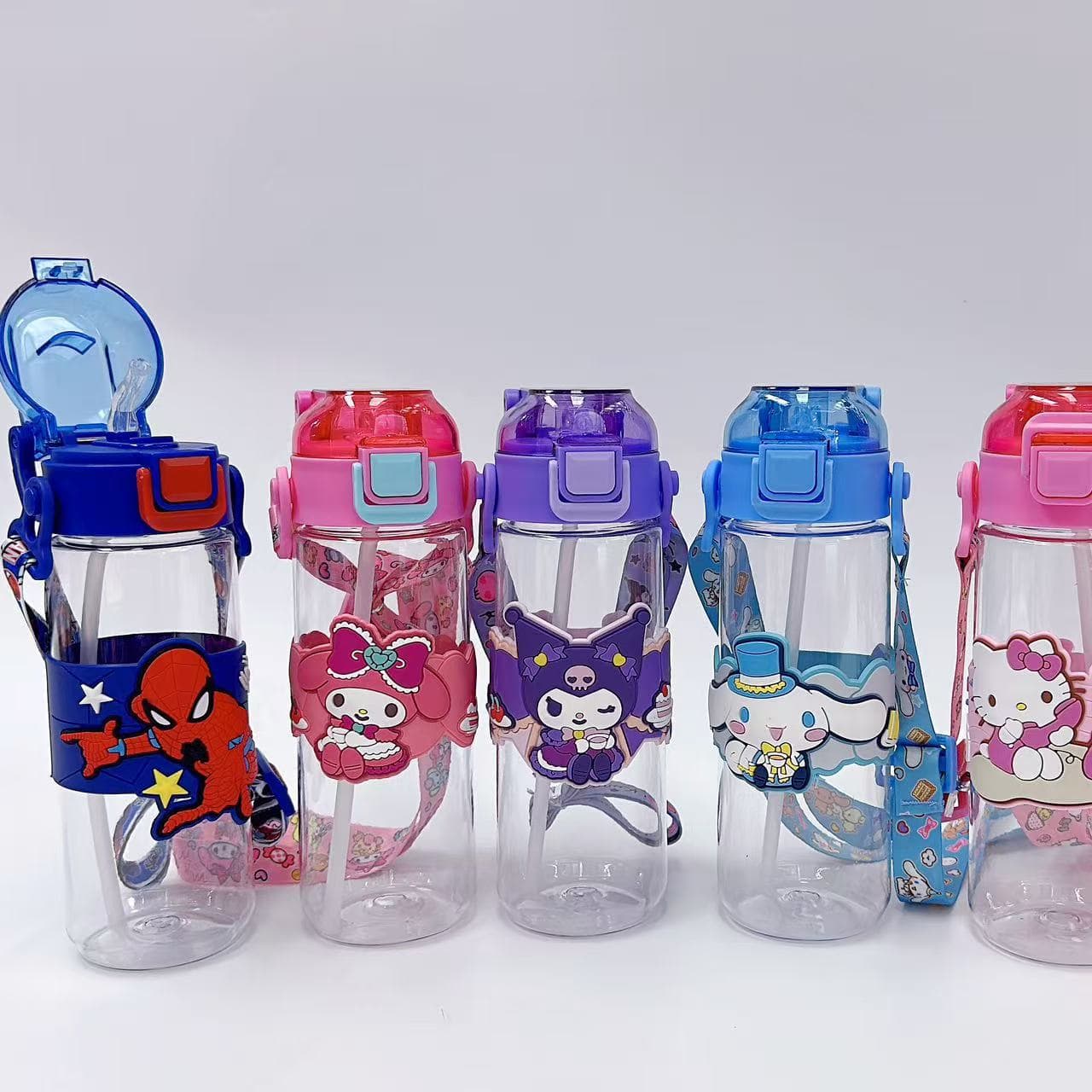 Cartoon Kids Straw Cup with Strap, Portable Plastic Water Bottle for Summer, Large Capacity Cute School Sports Bottle