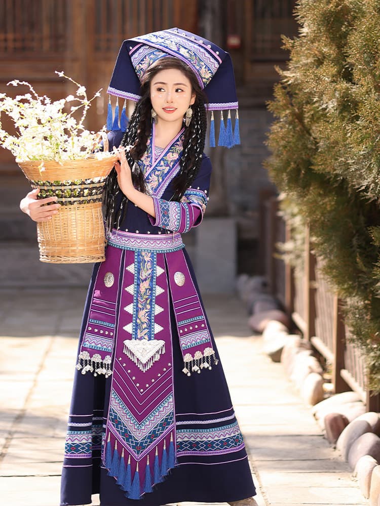 Zhuang Ethnic Women's Adult Traditional Guangxi Minority Costume Set for March 3rd Festival, Embroidered Performance Dress