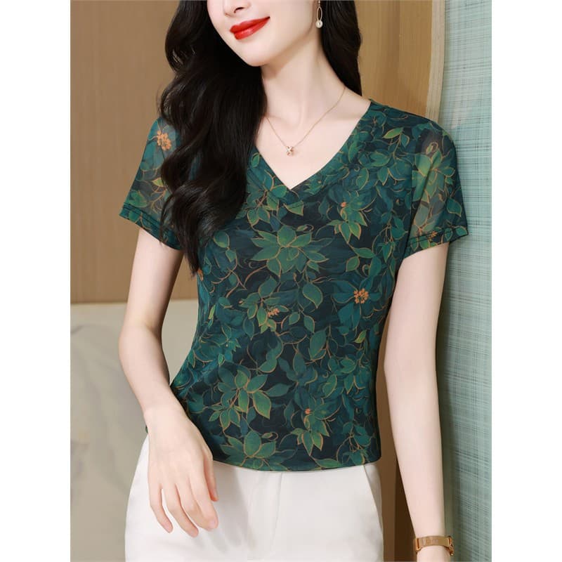 New Summer Mesh T-Shirt for Women, Short Sleeve, Youthful Printed Slim Base Top, V-Neck Elegant Women's Top