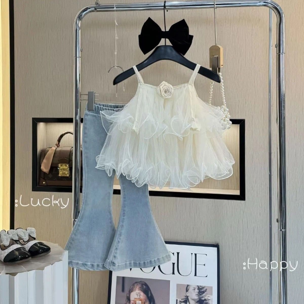 2026 Girls Summer Korean Style Trendy Set New Strappy Top Fashionable Denim Two-Piece Flare Pants