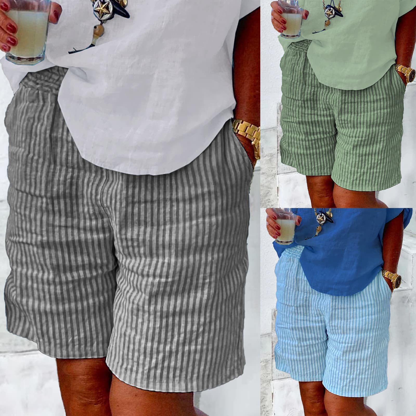 2023 Summer New Linen Shorts Casual Loose Striped Beach Shorts Thin Women's Sleep Shorts European and American Style S