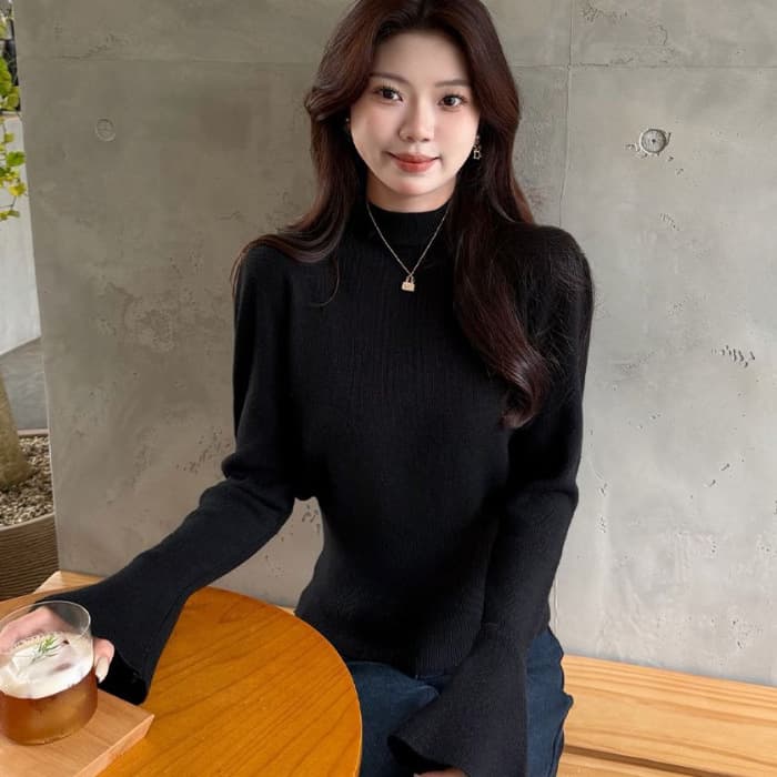 [Andi Rong Washed] Korean Chic Half-Turtleneck Flared-Sleeve Knit Sweater for Women, Winter Cinched Waist Slimming Long-Sleeve Base Layer