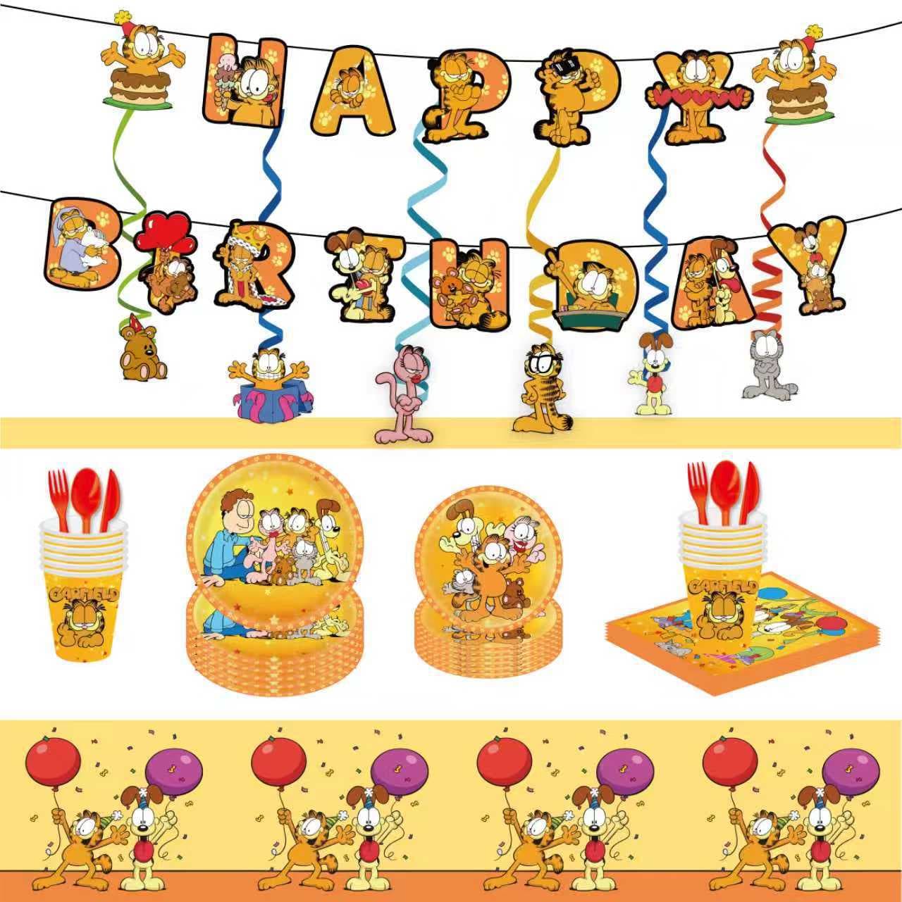 Garfield Themed Kids Birthday Decoration Disposable Paper Plates, Cups, Banners, Tablecloth Party Tableware